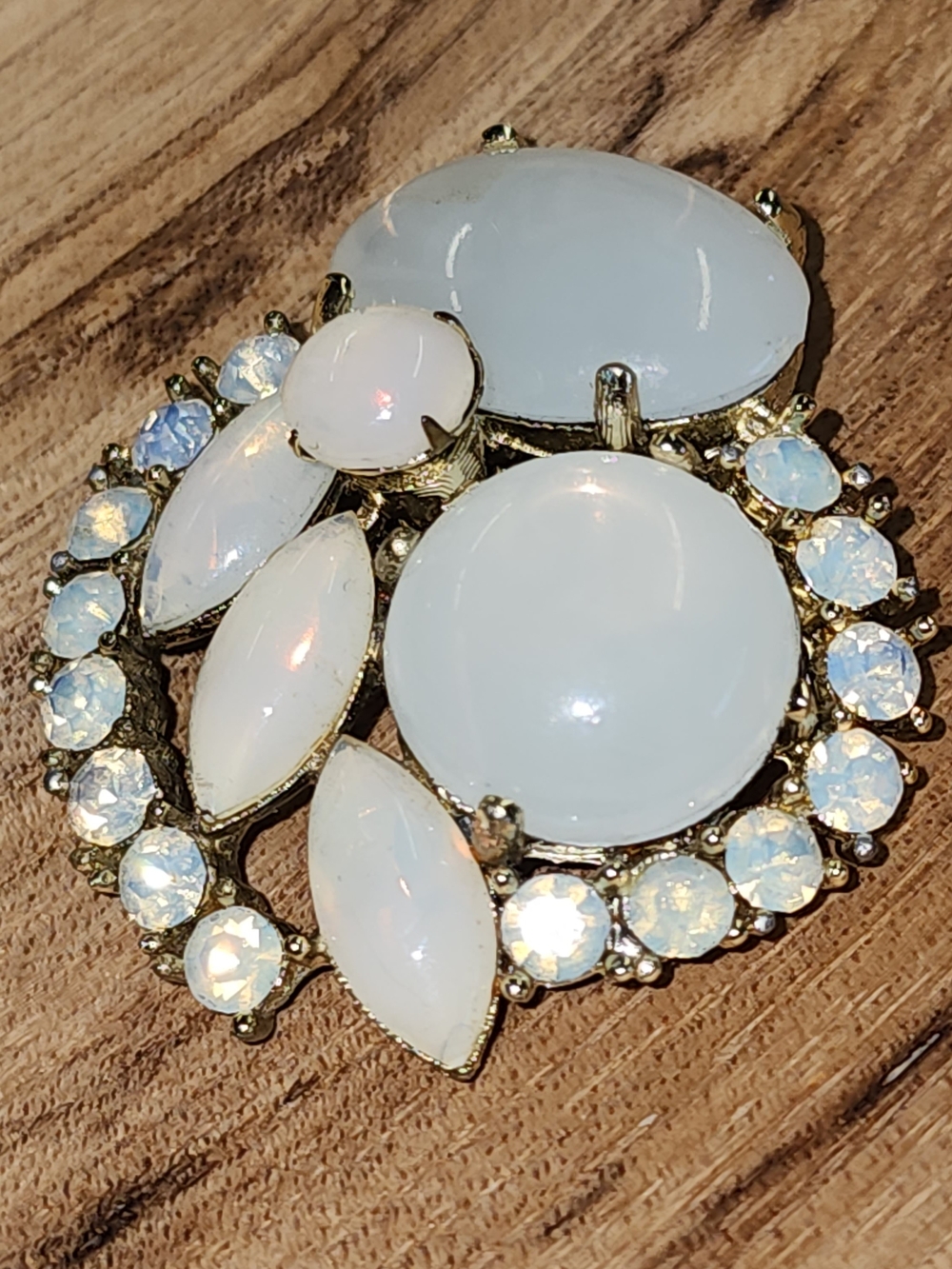 Vintage White Opal Glass Cabochon Statement Brooch